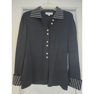 St. John Evening Marie Gray Black Knit Crystal Pearl Embellished‎ Jacket Size 4